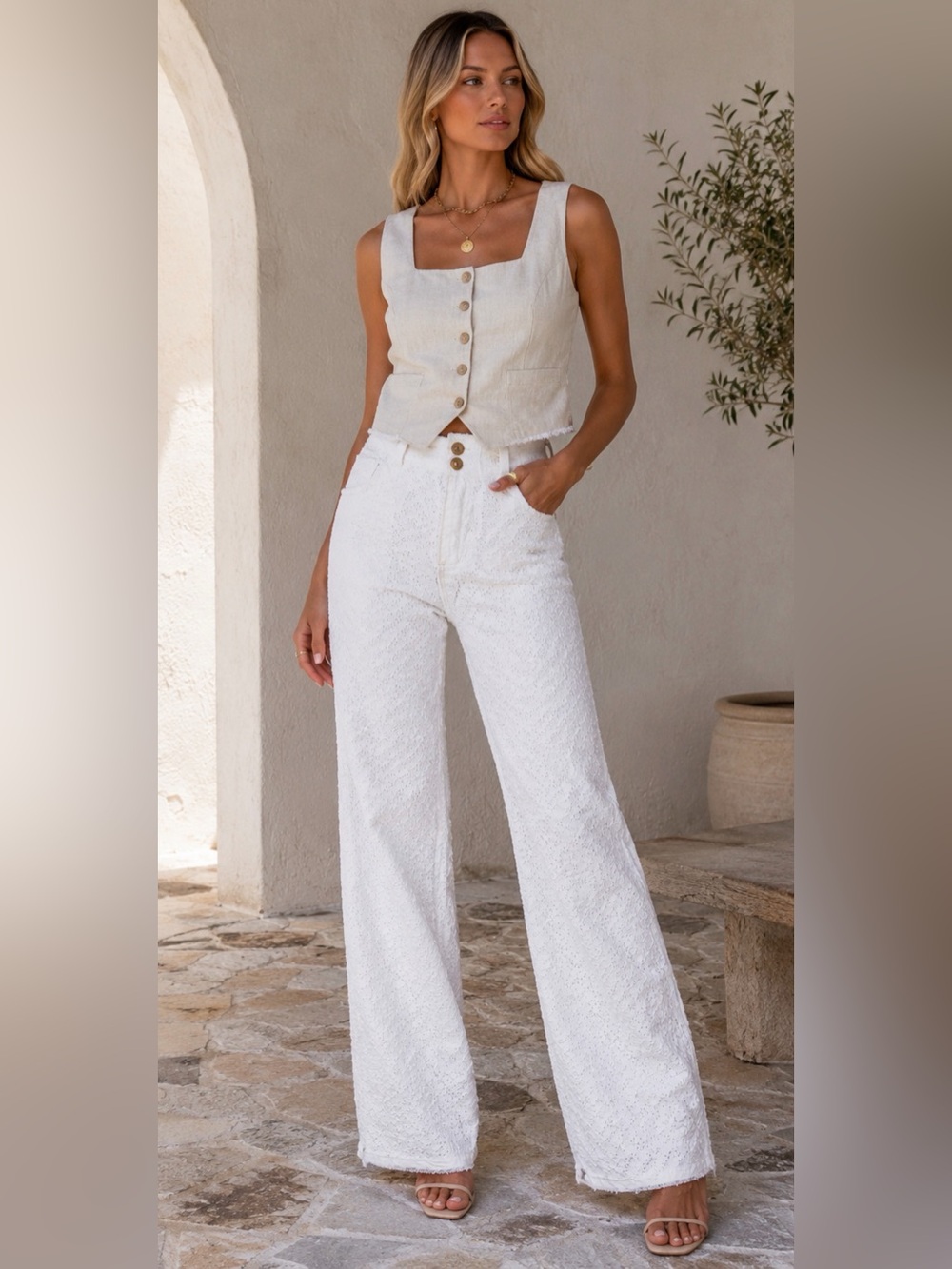 Trina Turk White Eyelet Wide-Leg Jeans